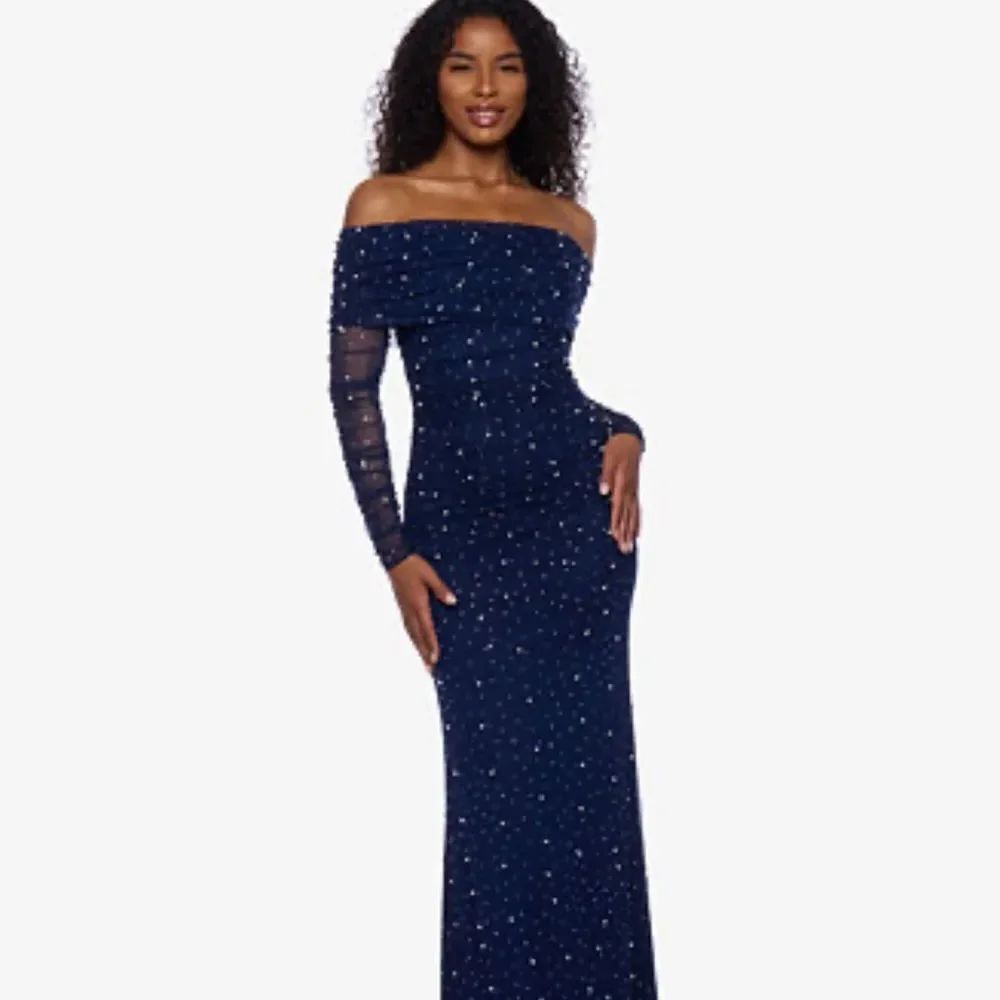B Darlin Juniors Navy Long Sleeve Dress with Embellishments Off The Shoulder